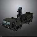 Green Military Truck With Multiple Wheels And Blue Radar Antenna On Heavy Duty Body