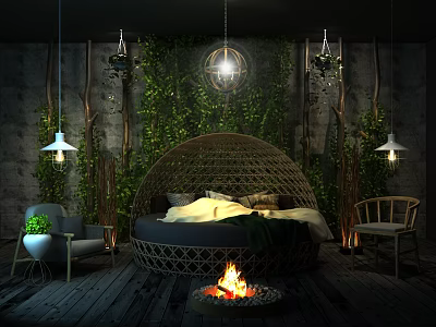 Hotel Room Interior With Round Wicker Bed Lush Green Vines Fireplace And Hanging Lights 3d model