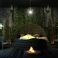 Hotel Room Interior With Round Wicker Bed Lush Green Vines Fireplace And Hanging Lights