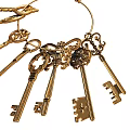 Vintage Golden Skeleton Keys Hanging On Decorative Ring With Ornate Patterns