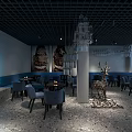 Modern Café With Dark Blue Seats Black Grid Ceiling Chandeliers Marble Floor And Blue Lighting