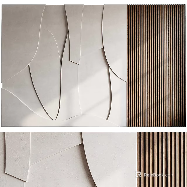 Modern Accent Wall Design With Geometric Shapes Light Colored Panels And Wooden Slats 3d model 