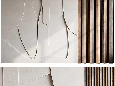 Modern Accent Wall Design With Geometric Shapes Light Colored Panels And Wooden Slats 3d model
