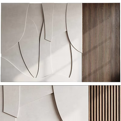 Modern Accent Wall Design With Geometric Shapes Light Colored Panels And Wooden Slats 3d model