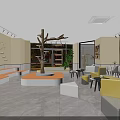 Mall Shop Interior With Tree Decoration Yellow Sofas Stepped Seating And Green Plants