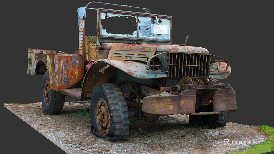 Vintage Rusty Old Truck Featuring Broken Windows Worn Tires And Weathered Body 3d model 