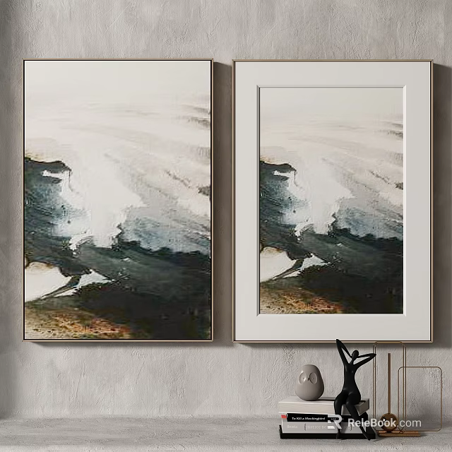 Two Abstract Framed Paintings On Gray Wall With Decorative Sculpture 3d model