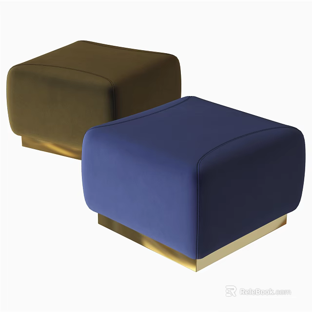 Modern Upholstered Sofa Stools In Blue And Brown With Gold Base 3d model