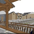 Pergola with wooden ceiling framed panels on walls stone tile flooring and bench