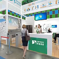 Sanquin Plasma Exhibition Booth With Green Backdrop Reception Desk And Screen