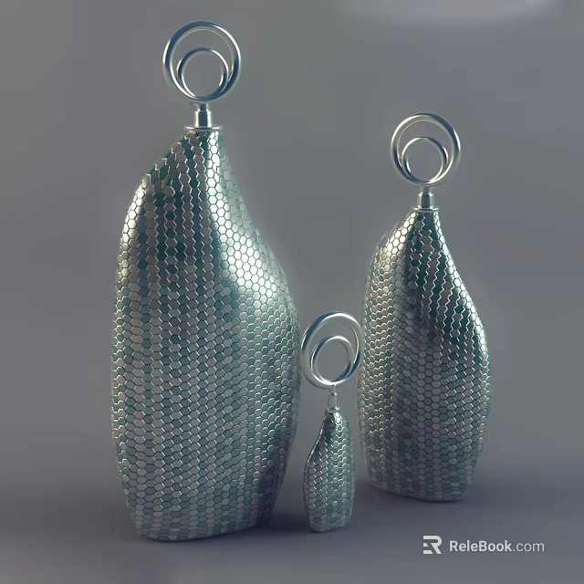Silver Woven Decorative Ornament Set with Ring Shaped Tops in Various Sizes 3d model