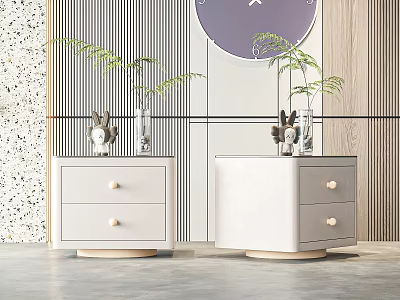 Two Modern White Bedside Tables With Wooden Knobs And Decorative Plants 3d model