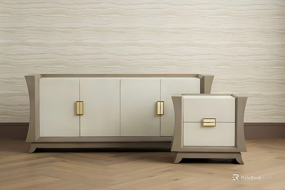 Modern Nightstand And Cabinet With Light Beige Gold Handles On Wooden Herringbone Floor Textured Wall 3d model 