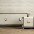 Modern Nightstand And Cabinet With Light Beige Gold Handles On Wooden Herringbone Floor Textured Wall