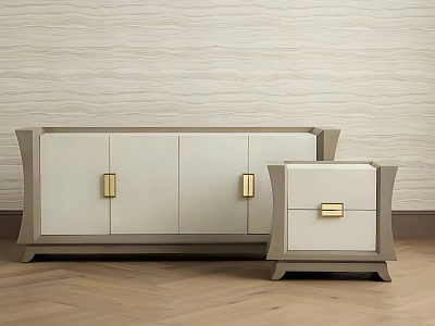 Modern Nightstand And Cabinet With Light Beige Gold Handles On Wooden Herringbone Floor Textured Wall 3d model