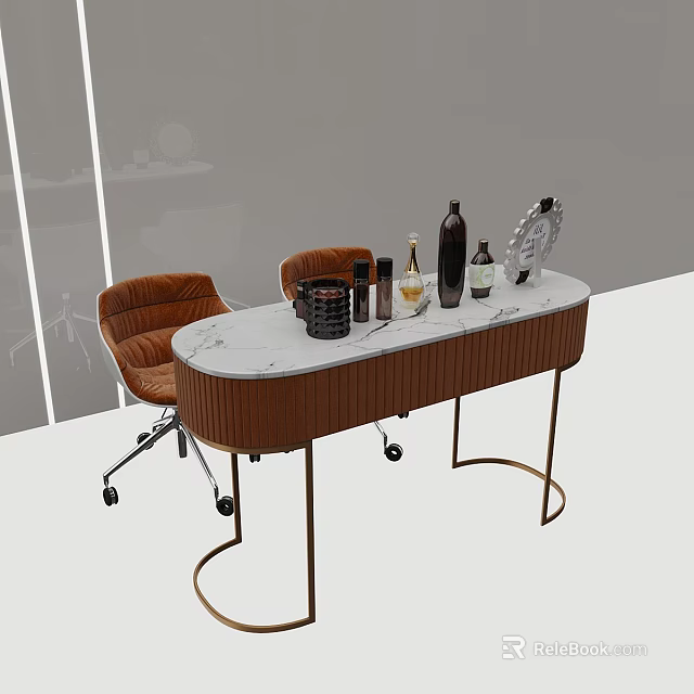 Modern Table and Chair Set with Marble Top Brown Leather Chairs and Metal Frame 3d model 