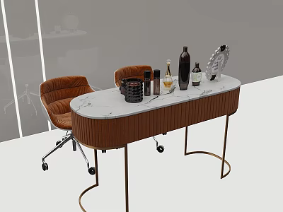 Modern Table and Chair Set with Marble Top Brown Leather Chairs and Metal Frame 3d model