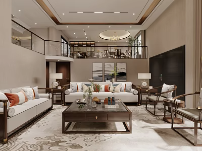 Elegant Duplex Living Room Interior With Sofas Coffee Table Chandelier And Rug 3d model