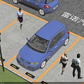 Blue Renault Car Parked in Parking Space With Yellow Lines and People Walking Nearby