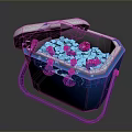 Portable Blue Cooler With Lid Filled With Ice Cubes And Colorful Fruits