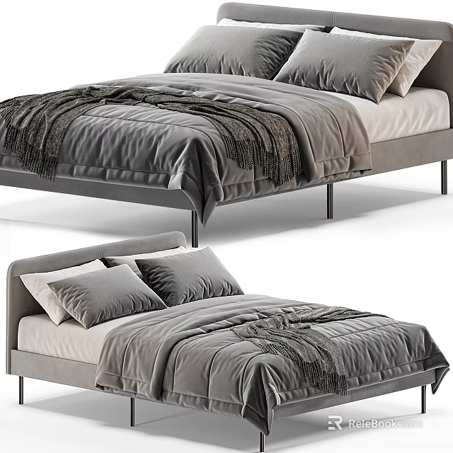 Modern Double Bed With Velvet Frame Gray Bedding Pillows And Soft Blanket 3d model