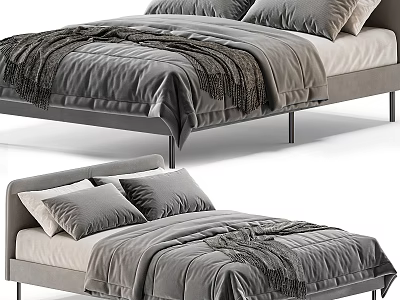 Modern Double Bed With Velvet Frame Gray Bedding Pillows And Soft Blanket 3d model