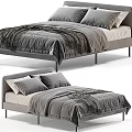 Modern Double Bed With Velvet Frame Gray Bedding Pillows And Soft Blanket 3d model