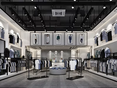 Modern Bright Clothing Store Interior With Hanging Clothes On Racks And Display Shelves 3d model