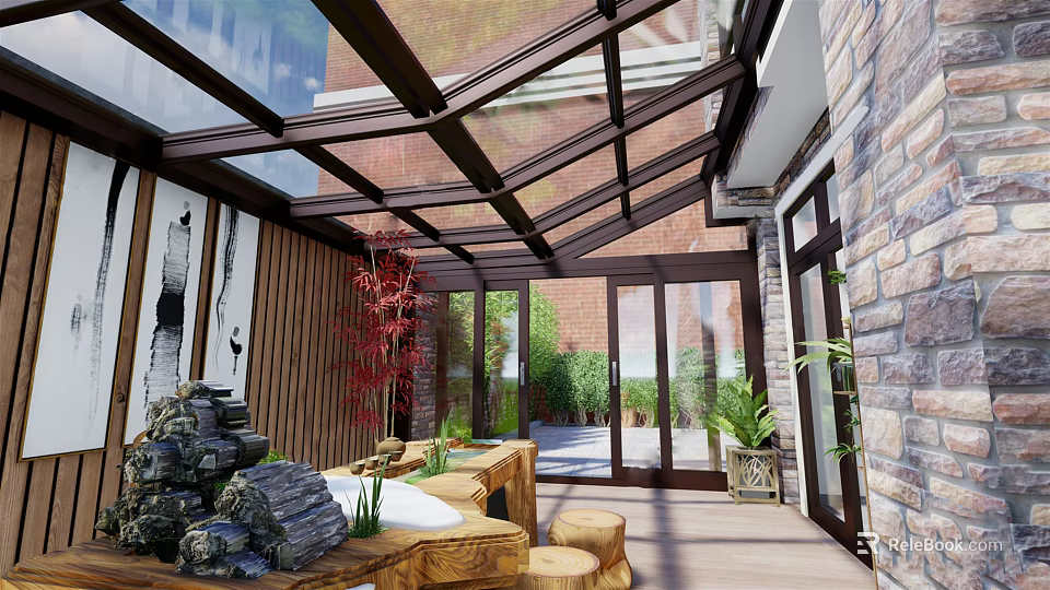 Villa Balcony Design With Glass Roof Wooden Structure And Stone Decorations 3d model 
