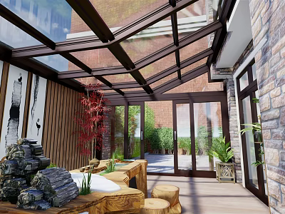 Villa Balcony Design With Glass Roof Wooden Structure And Stone Decorations 3d model