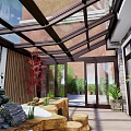 Villa Balcony Design With Glass Roof Wooden Structure And Stone Decorations