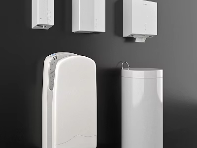Modern White Washing Daily Essentials With Trash Bin Hand Dryer And Tissue Holder 3d model