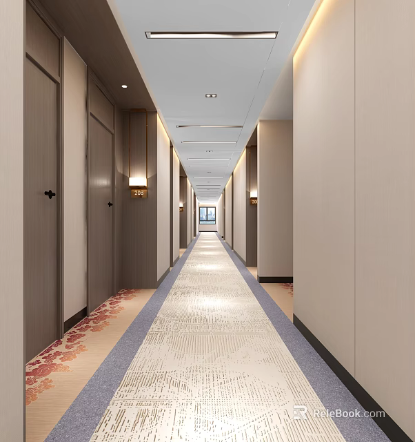Modern Hotel Corridor With Spacious Design Light Walls And Patterned Carpet 3d model