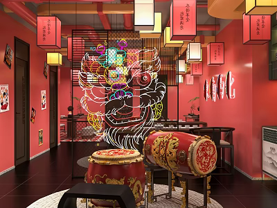 Traditional Chinese Teahouse Interior With Red Lanterns Neon Dragon Lion And Drum Shaped Furniture 3d model