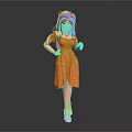 Blue Haired Female Character In Orange Dress With Adorable Creature Companion