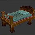 Wooden Children's Bed With Tree Stump Shaped Legs Blue Striped Mattress And Pillow