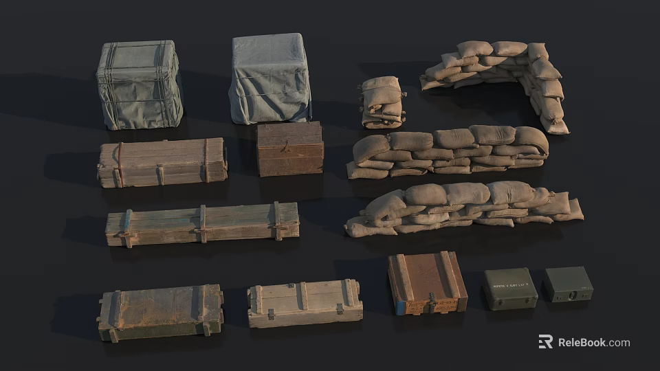 Essential Household Supplies Featuring Wooden Crates Burlap Bags And Cloth Covered Storage Boxes 3d model 