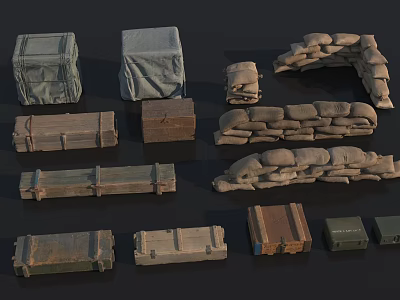 Essential Household Supplies Featuring Wooden Crates Burlap Bags And Cloth Covered Storage Boxes 3d model
