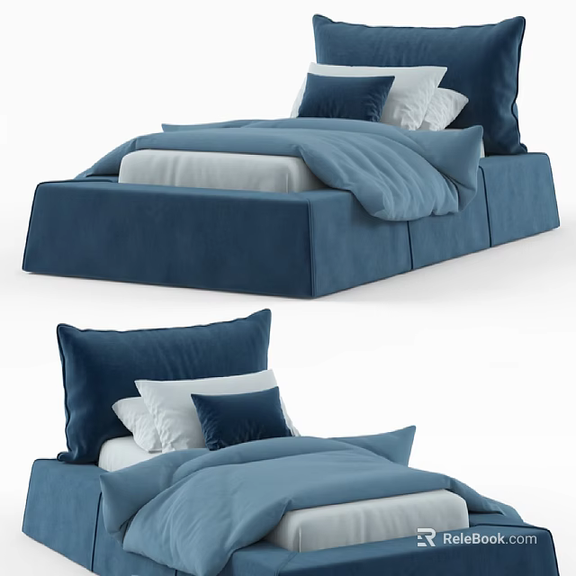 Modern Blue Upholstered Double Bed With Soft Pillows And Cozy Bedspread 3d model