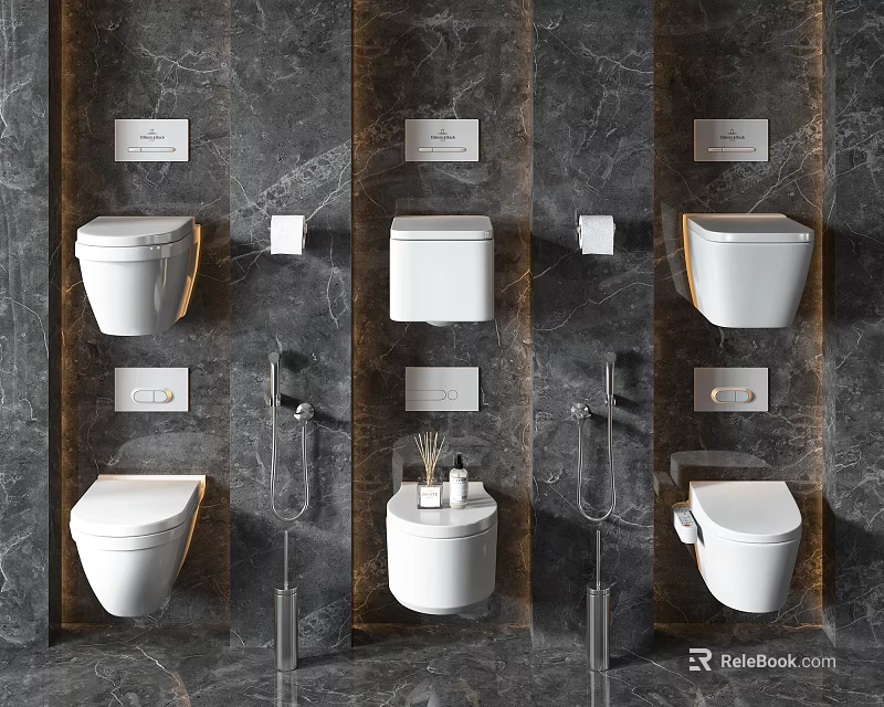 Modern Wall Mounted Toilet Designs On Dark Marble Bathroom Wall With Fixtures 3d model 