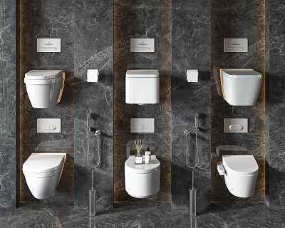 Modern Wall Mounted Toilet Designs On Dark Marble Bathroom Wall With Fixtures 3d model