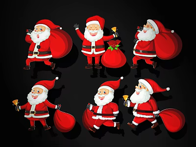 Colorful Santa Claus Figures In Various Poses Holding Gift Bags And Bells 3d model