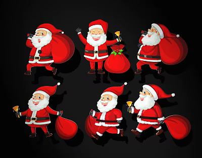 Colorful Santa Claus Figures In Various Poses Holding Gift Bags And Bells 3d model