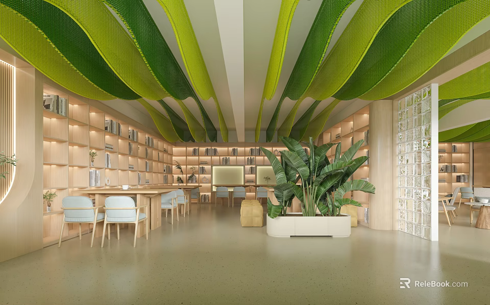 Artistic Book Art Library Interior With Wooden Bookshelves Green Plants And Wavy Ceiling Decorations 3d model 