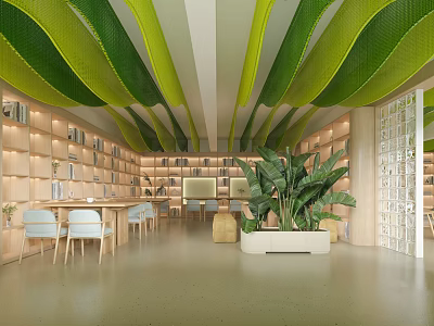 Artistic Book Art Library Interior With Wooden Bookshelves Green Plants And Wavy Ceiling Decorations 3d model