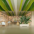 Artistic Book Art Library Interior With Wooden Bookshelves Green Plants And Wavy Ceiling Decorations