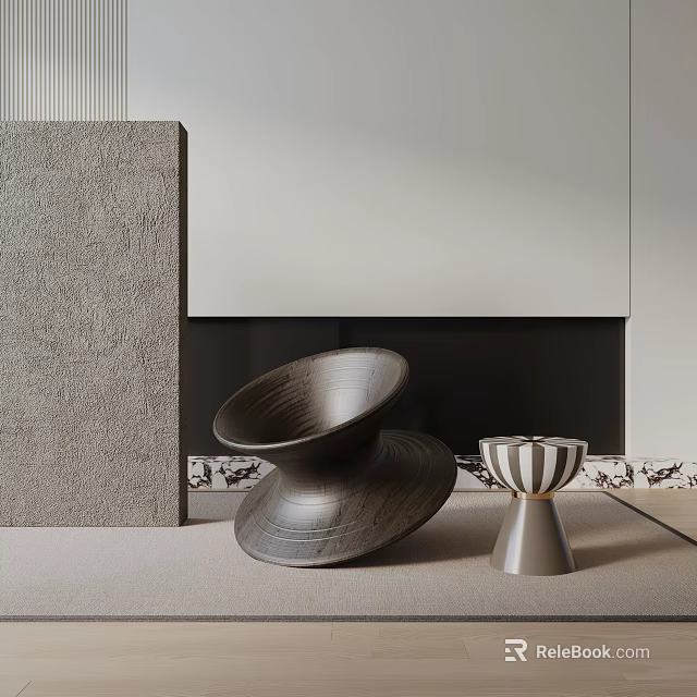 Modern Black Spiral Lounge Chair In Minimalist Interior With Marble Surface And Striped Decorative Piece 3d model 