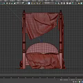 Four Poster Double Bed With Dark Wooden Posts Gray Bedspread And Light Drapes