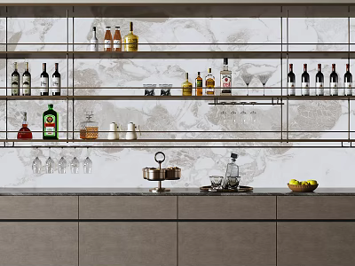 Modern Wine Rack With Various Wine Bottles Glasses Marble Backsplash And Cabinets 3d model