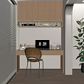 Modern Wooden Desk Setup With Wicker Chair Laptop Decorative Items And Potted Plant